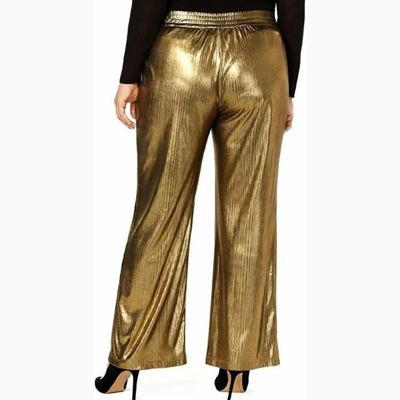 NY COLLECTION WOMENS STRETCH WIDE LEG PANTS METALLIC GOLD STRIPED 1XP - Picture 2 of 2